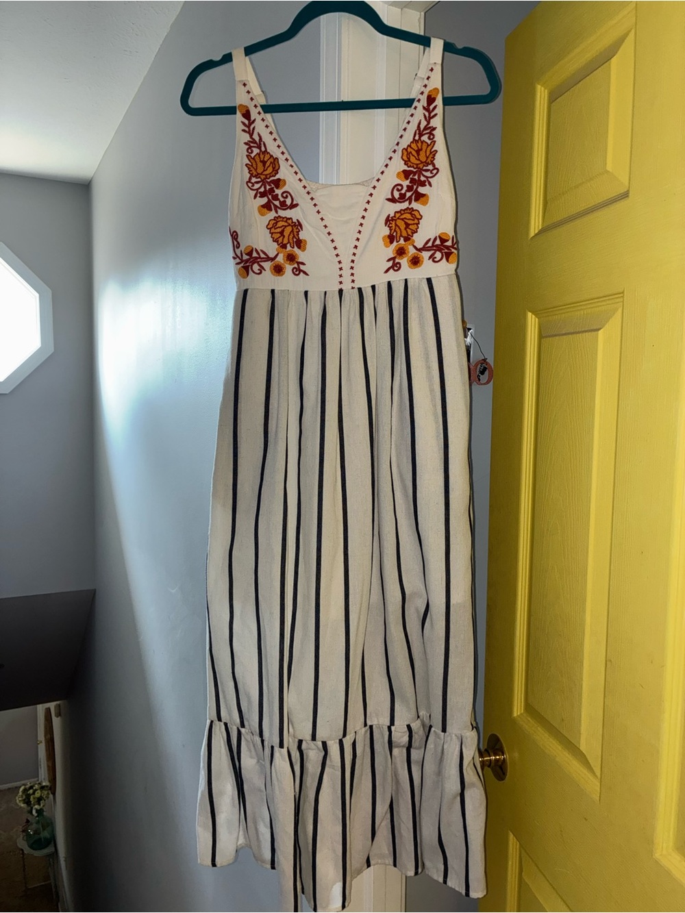 White Striped Maxi Dress with Floral Embroidered Bodice
